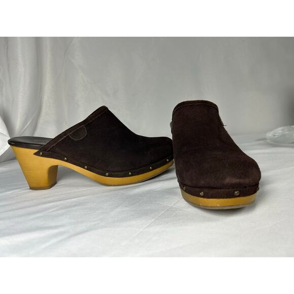 American Eagle Outfitters Suede Brown Leather Mule Clogs Sz 9 Wood Heel Bohemian - Picture 2 of 9